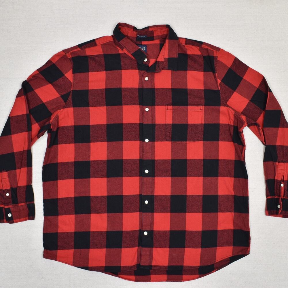 Gap Men Button Down Shirt Plaid Cotton Red Long Sleeve Size 3XL Standard Fit